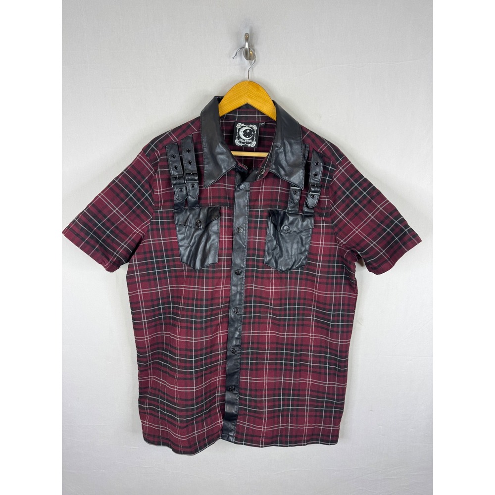 Killstar Mens Red Black Plaid Faux Leather Buckle Short Sleeve Shirt XXL Gothic